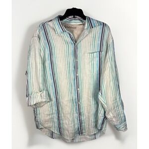 Caribbean Linen Shirt Mens Large Blue Striped Beach Long Sleeve Button Up